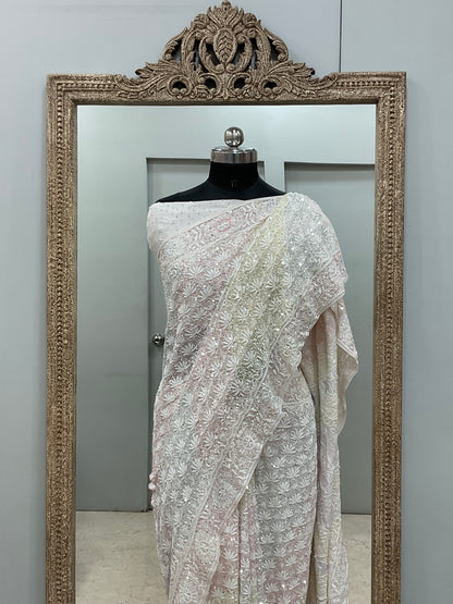 Pure Georgette Saree Superfine Work full jaal with Multicolored Heavy Cutdana and Sequence Off White