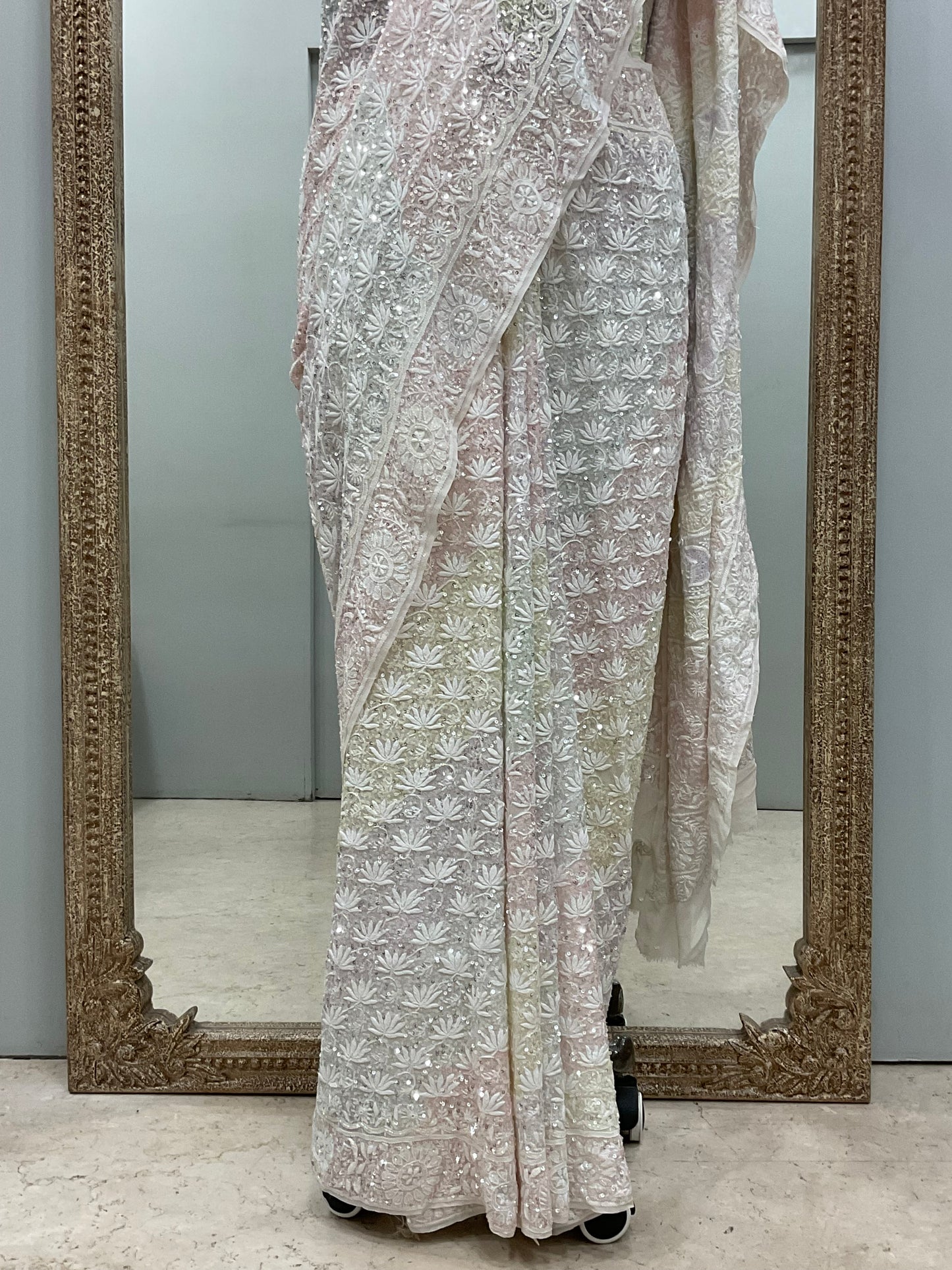 Pure Georgette Saree Superfine Work full jaal with Multicolored Heavy Cutdana and Sequence Off White