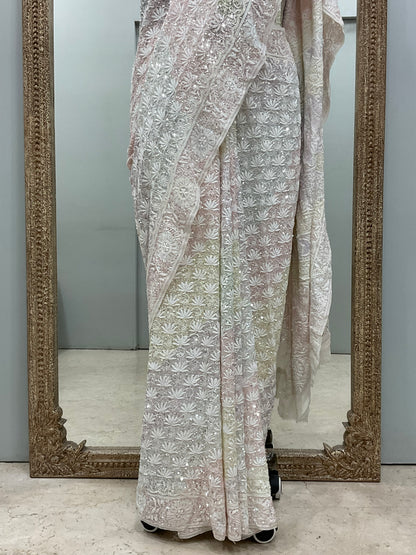 Pure Georgette Saree Superfine Work full jaal with Multicolored Heavy Cutdana and Sequence Off White