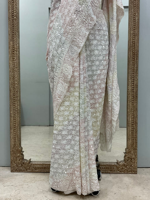 Pure Georgette Saree Superfine Work full jaal with Multicolored Heavy Cutdana and Sequence Off White