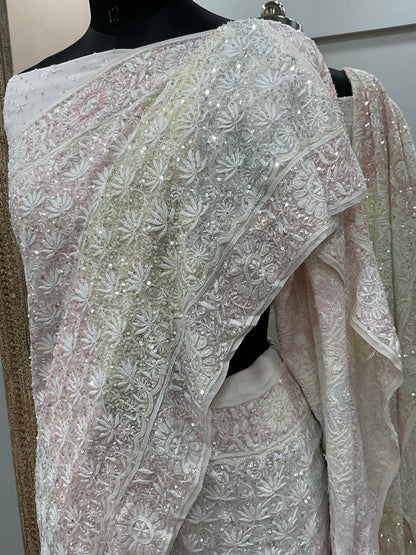 Pure Georgette Saree Superfine Work full jaal with Multicolored Heavy Cutdana and Sequence Off White