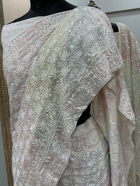 Pure Georgette Saree Superfine Work full jaal with Multicolored Heavy Cutdana and Sequence Off White