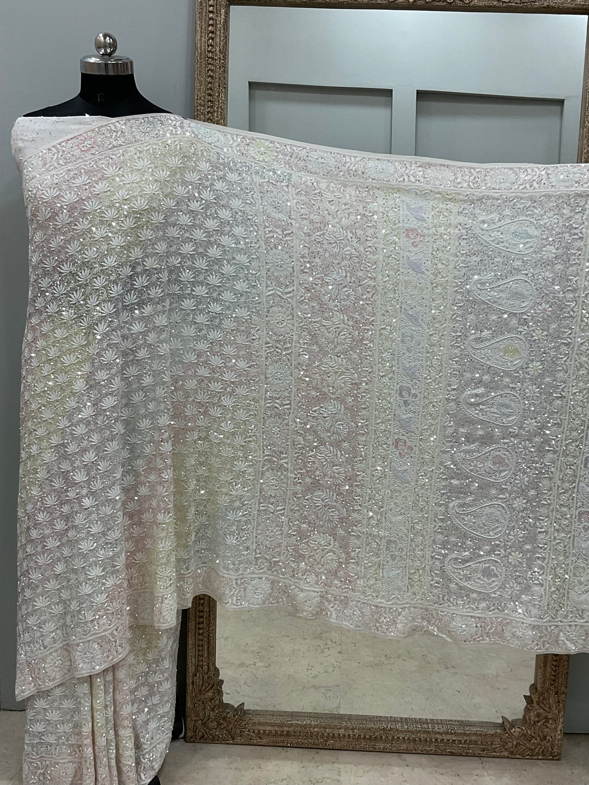 Pure Georgette Saree Superfine Work full jaal with Multicolored Heavy Cutdana and Sequence Off White