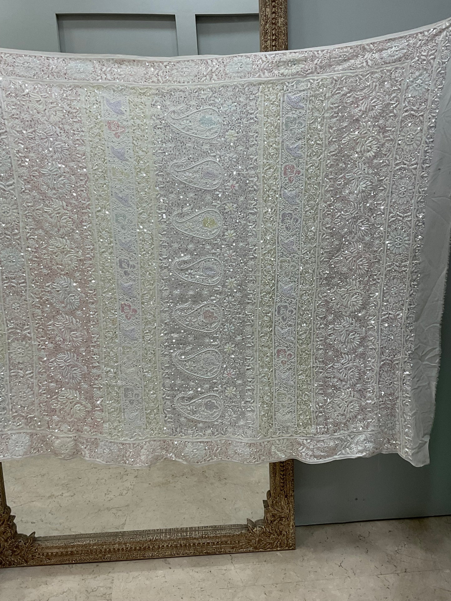 Pure Georgette Saree Superfine Work full jaal with Multicolored Heavy Cutdana and Sequence Off White