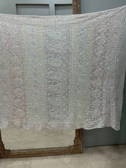 Pure Georgette Saree Superfine Work full jaal with Multicolored Heavy Cutdana and Sequence Off White