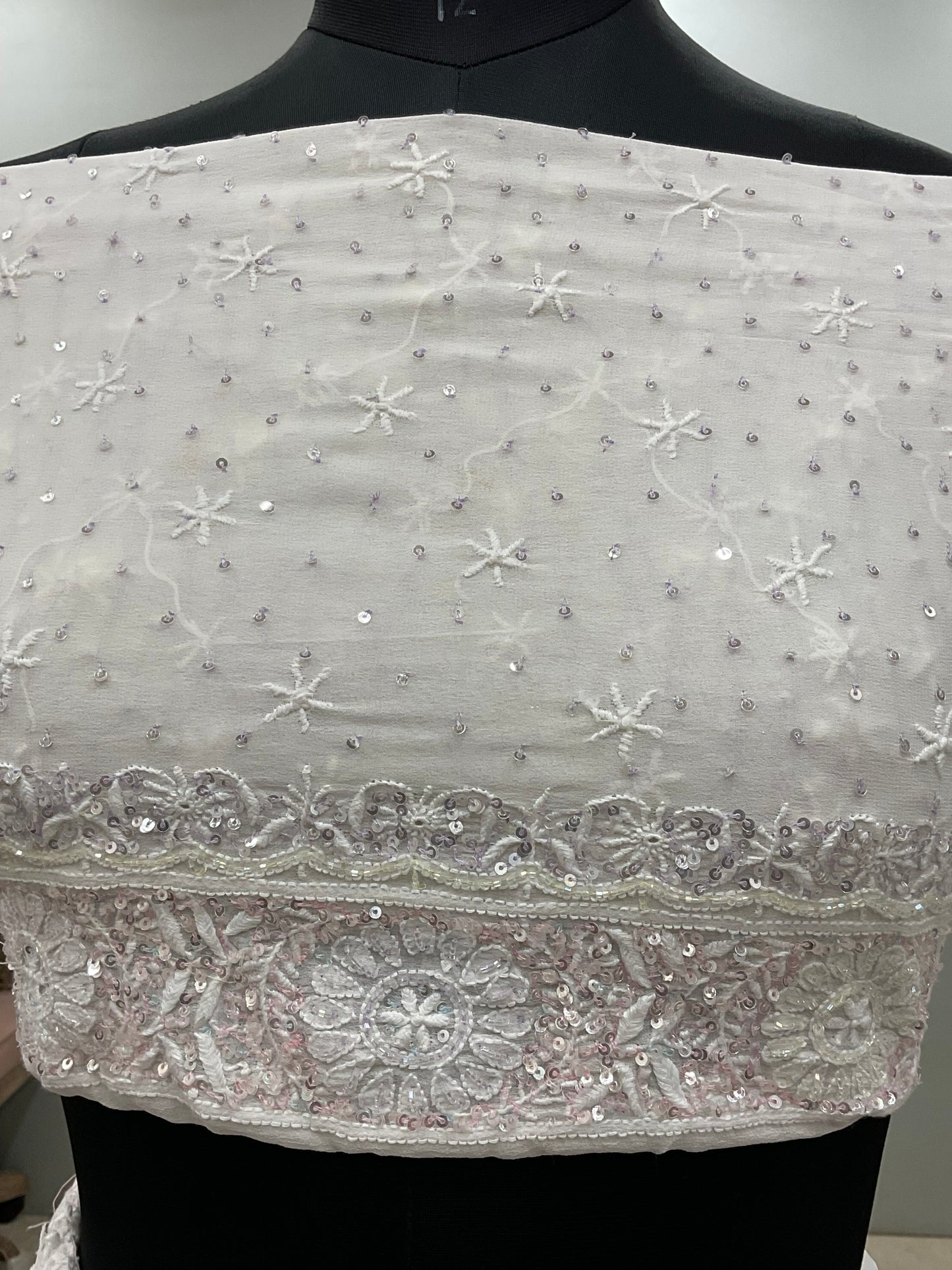 Pure Georgette Saree Superfine Work full jaal with Multicolored Heavy Cutdana and Sequence Off White