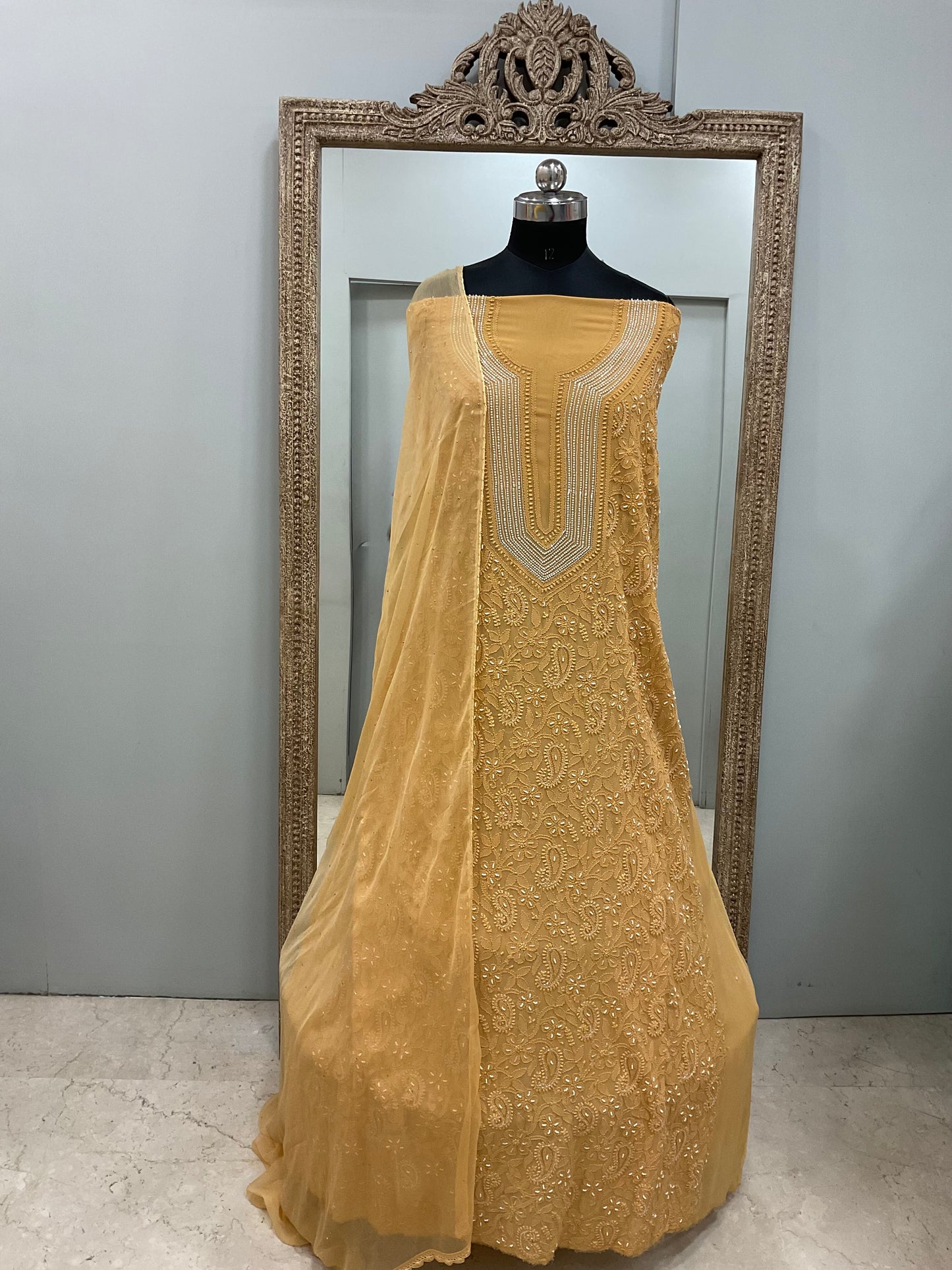 Georgette Straight Shirt and Chiffon Dupatta Pearl And Cutdana Work Golden Beige