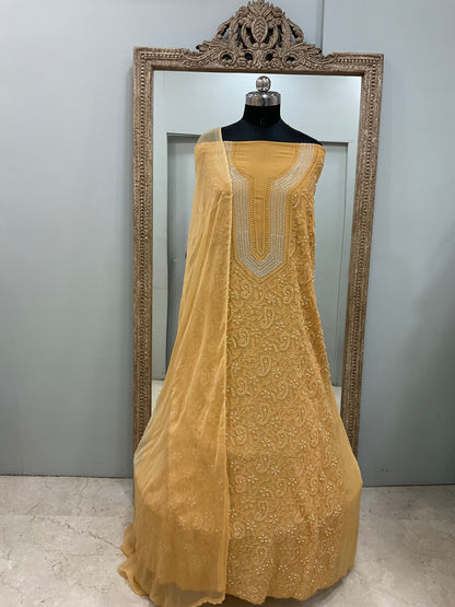 Georgette Straight Shirt and Chiffon Dupatta Pearl And Cutdana Work Golden Beige