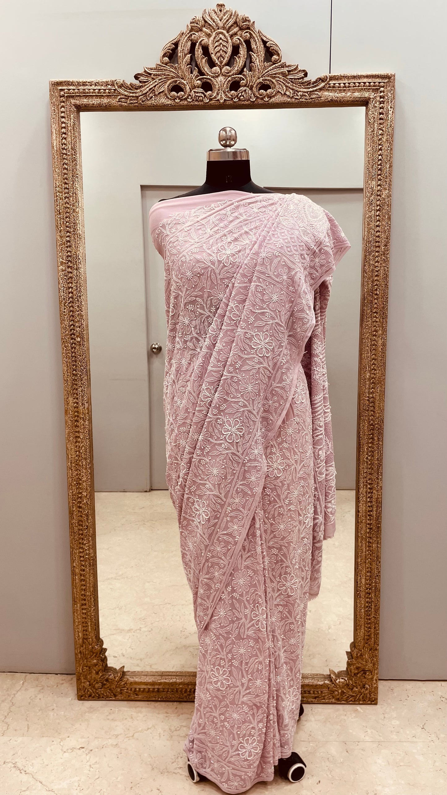 Pure Georgette Saree full jaal with Heavy Cutdana, Pearl and Heavy Sequence Onion Pink