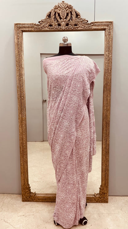 Pure Georgette Saree full jaal with Heavy Cutdana, Pearl and Heavy Sequence Onion Pink