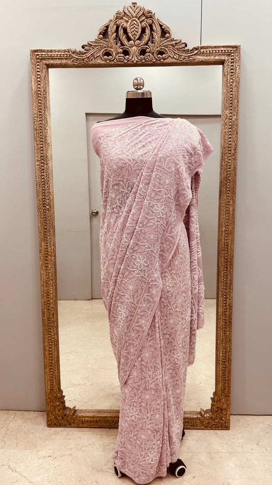 Pure Georgette Saree full jaal with Heavy Cutdana, Pearl and Heavy Sequence Onion Pink
