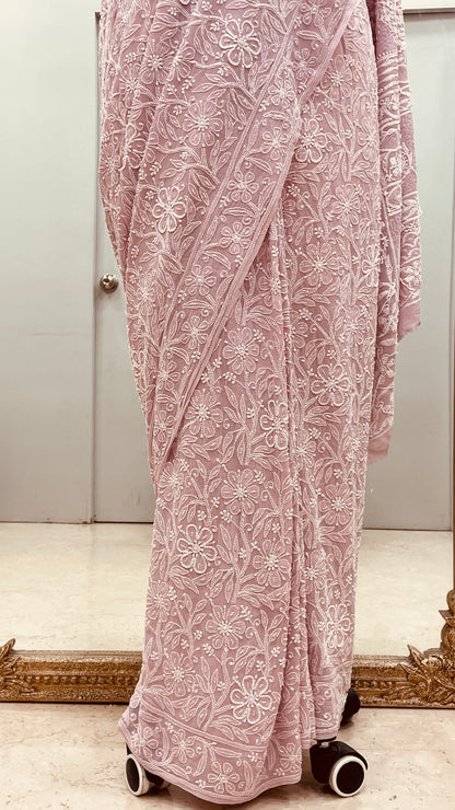 Pure Georgette Saree full jaal with Heavy Cutdana, Pearl and Heavy Sequence Onion Pink