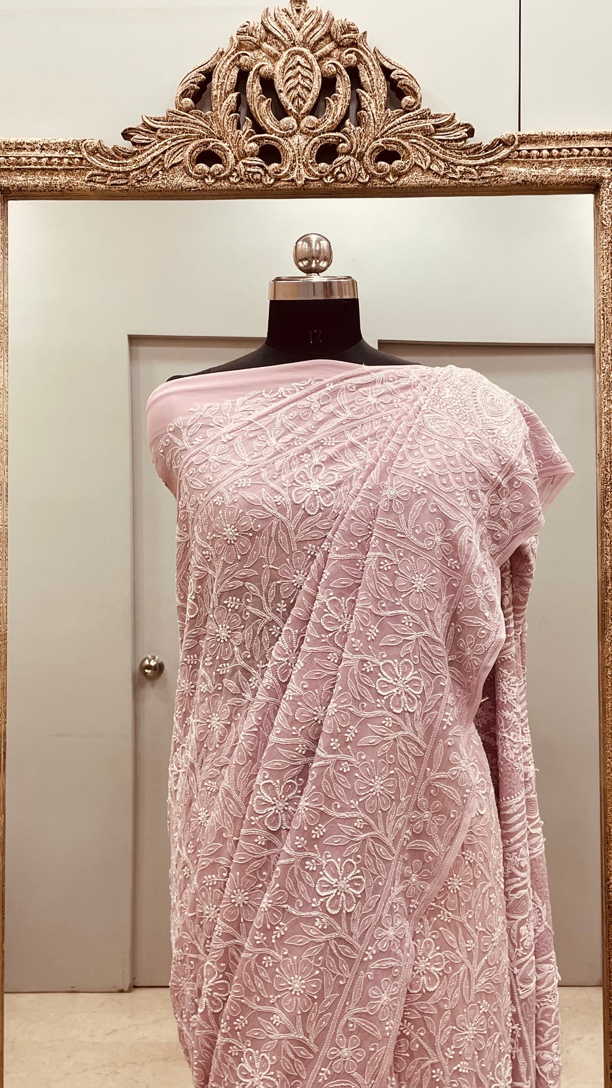 Pure Georgette Saree full jaal with Heavy Cutdana, Pearl and Heavy Sequence Onion Pink