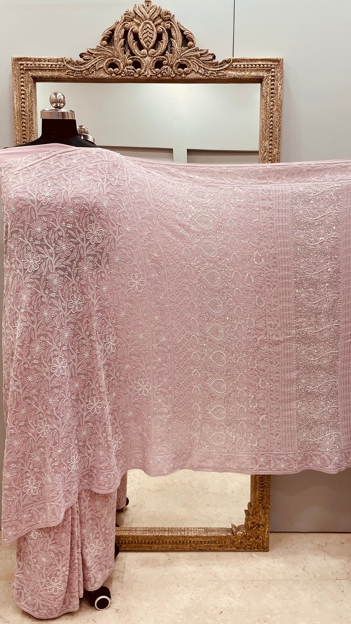 Pure Georgette Saree full jaal with Heavy Cutdana, Pearl and Heavy Sequence Onion Pink