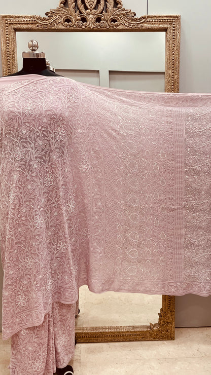 Pure Georgette Saree full jaal with Heavy Cutdana, Pearl and Heavy Sequence Onion Pink