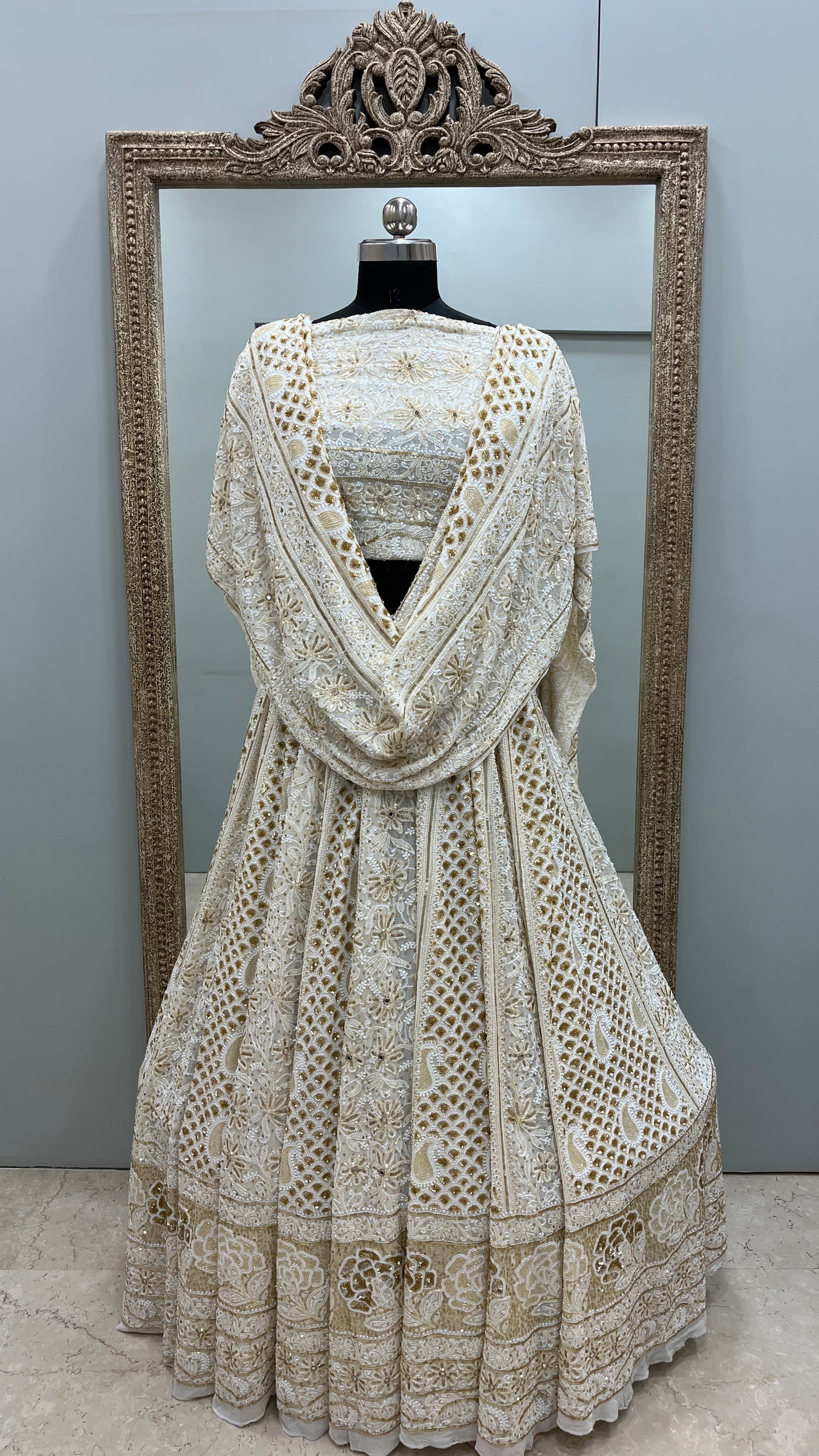 Pure Georgette Lehenga Heavy Mirror,Cutdana and Pearl Work Golden And White