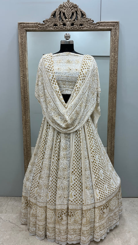 Pure Georgette Lehenga Heavy Mirror,Cutdana and Pearl Work Golden And White