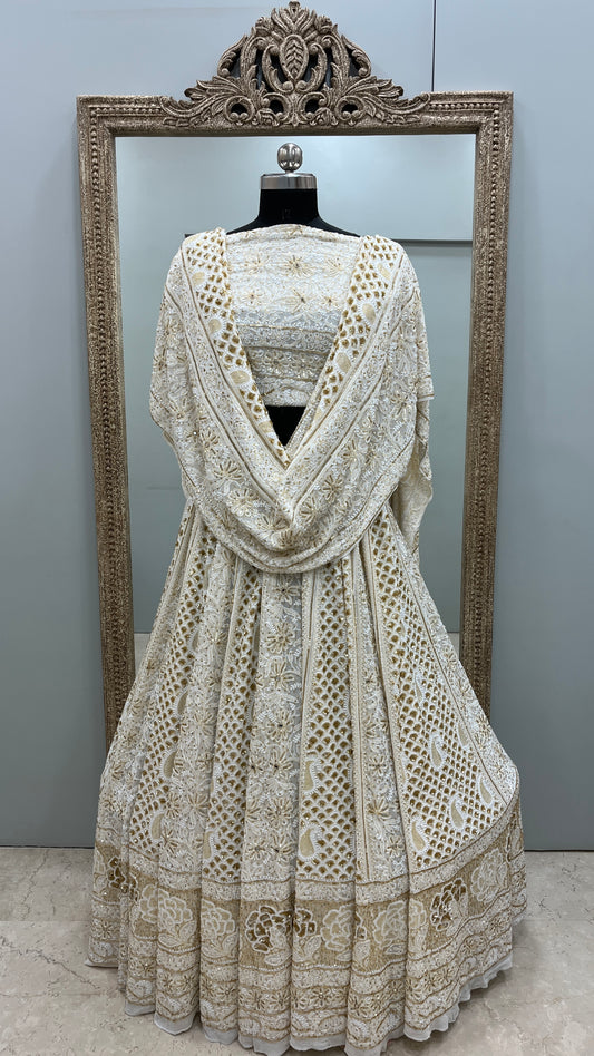 Pure Georgette Lehenga Heavy Mirror,Cutdana and Pearl Work Golden And White
