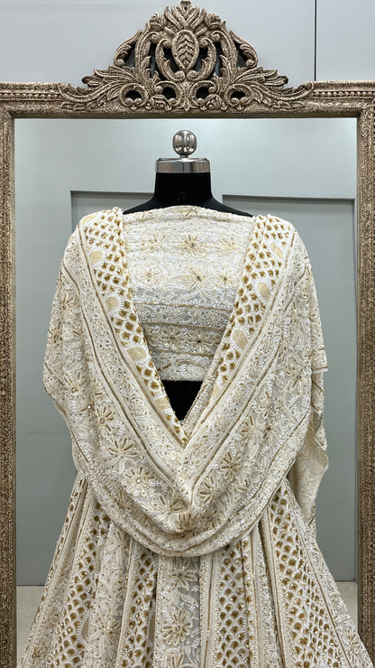 Pure Georgette Lehenga Heavy Mirror,Cutdana and Pearl Work Golden And White