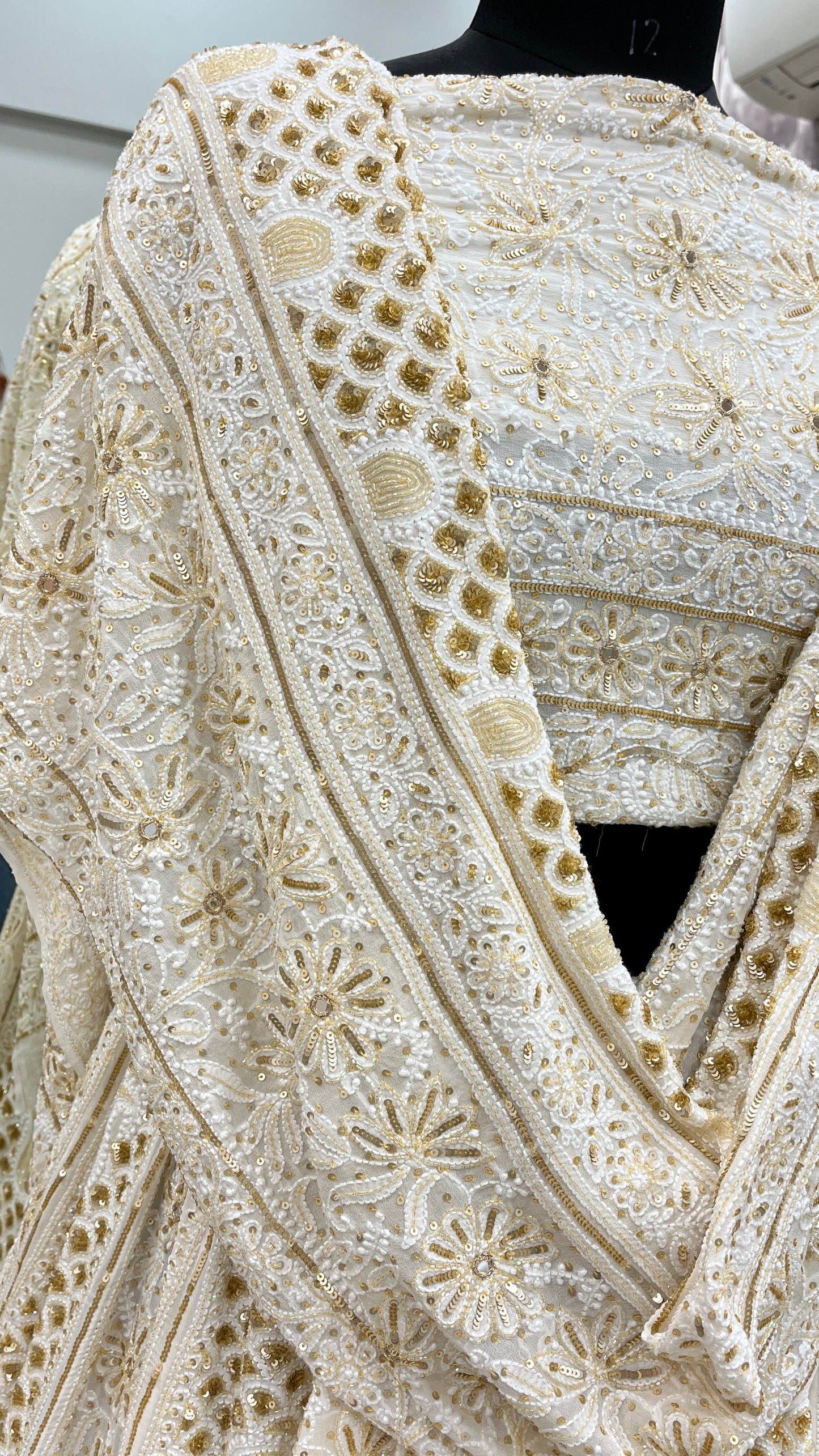 Pure Georgette Lehenga Heavy Mirror,Cutdana and Pearl Work Golden And White