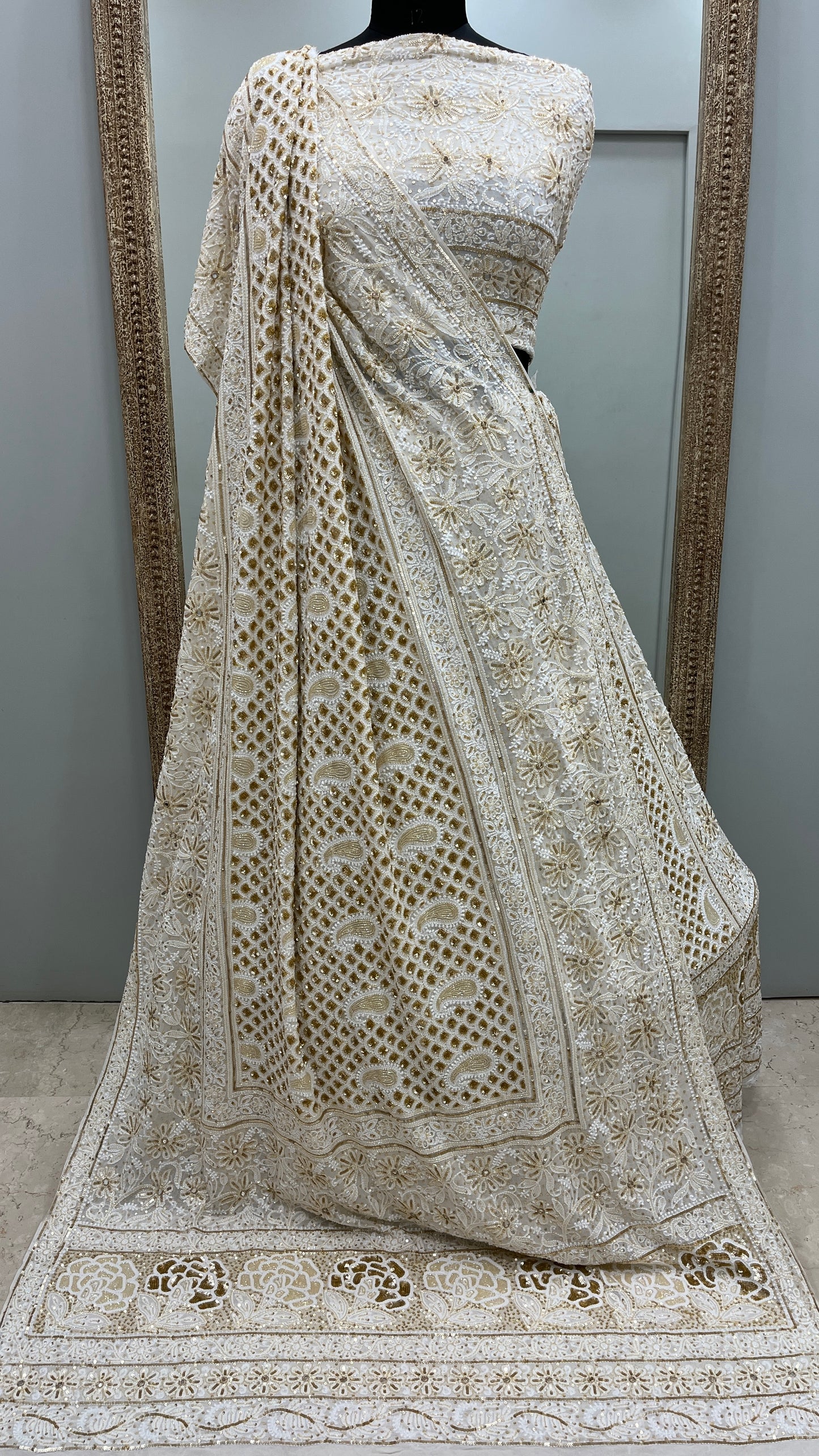 Pure Georgette Lehenga Heavy Mirror,Cutdana and Pearl Work Golden And White