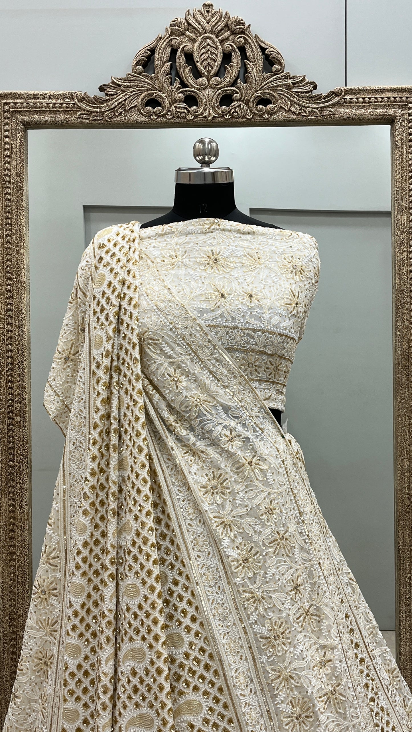 Pure Georgette Lehenga Heavy Mirror,Cutdana and Pearl Work Golden And White
