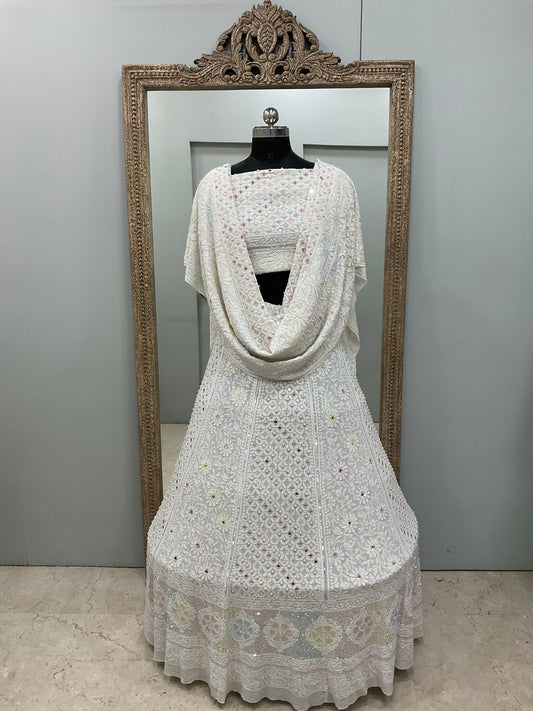 Pure Georgette Lehenga Heavy Multicolored Cutdana Pearl,Mirror and Sequence White