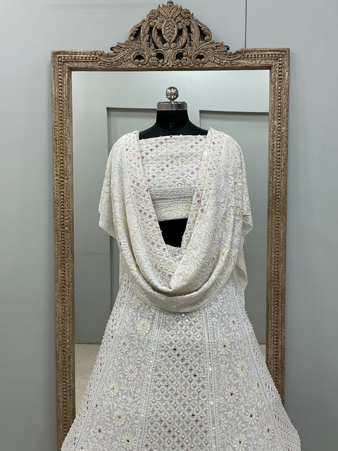 Pure Georgette Lehenga Heavy Multicolored Cutdana Pearl,Mirror and Sequence White