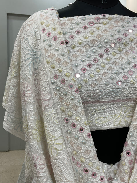 Pure Georgette Lehenga Heavy Multicolored Cutdana Pearl,Mirror and Sequence White
