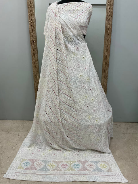 Pure Georgette Lehenga Heavy Multicolored Cutdana Pearl,Mirror and Sequence White