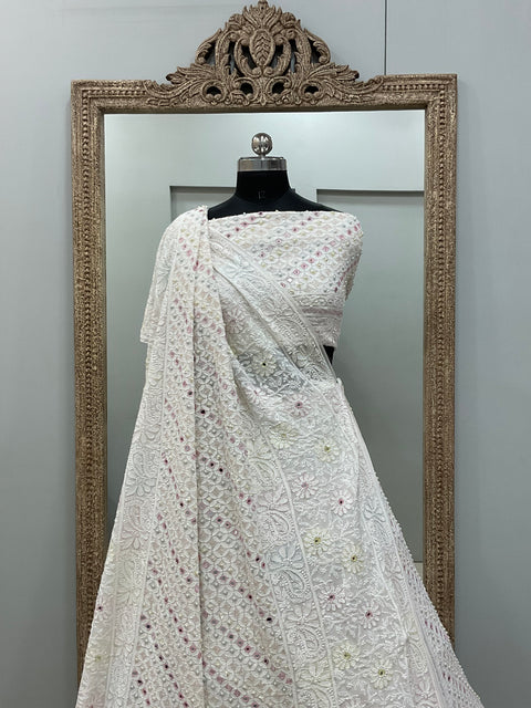 Pure Georgette Lehenga Heavy Multicolored Cutdana Pearl,Mirror and Sequence White