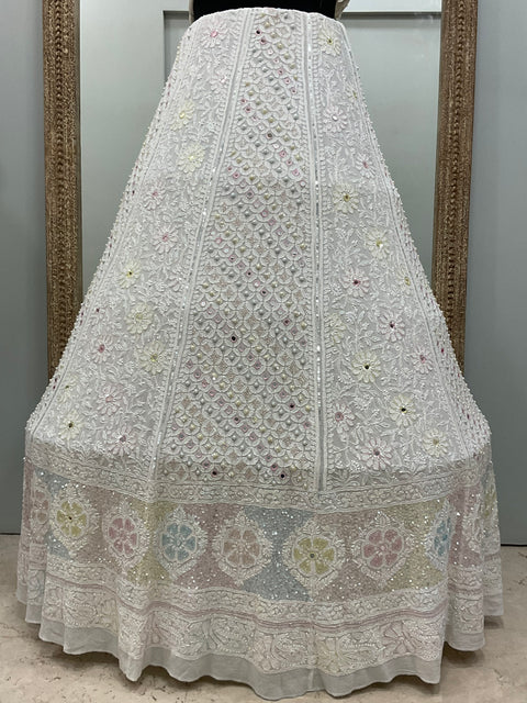 Pure Georgette Lehenga Heavy Multicolored Cutdana Pearl,Mirror and Sequence White