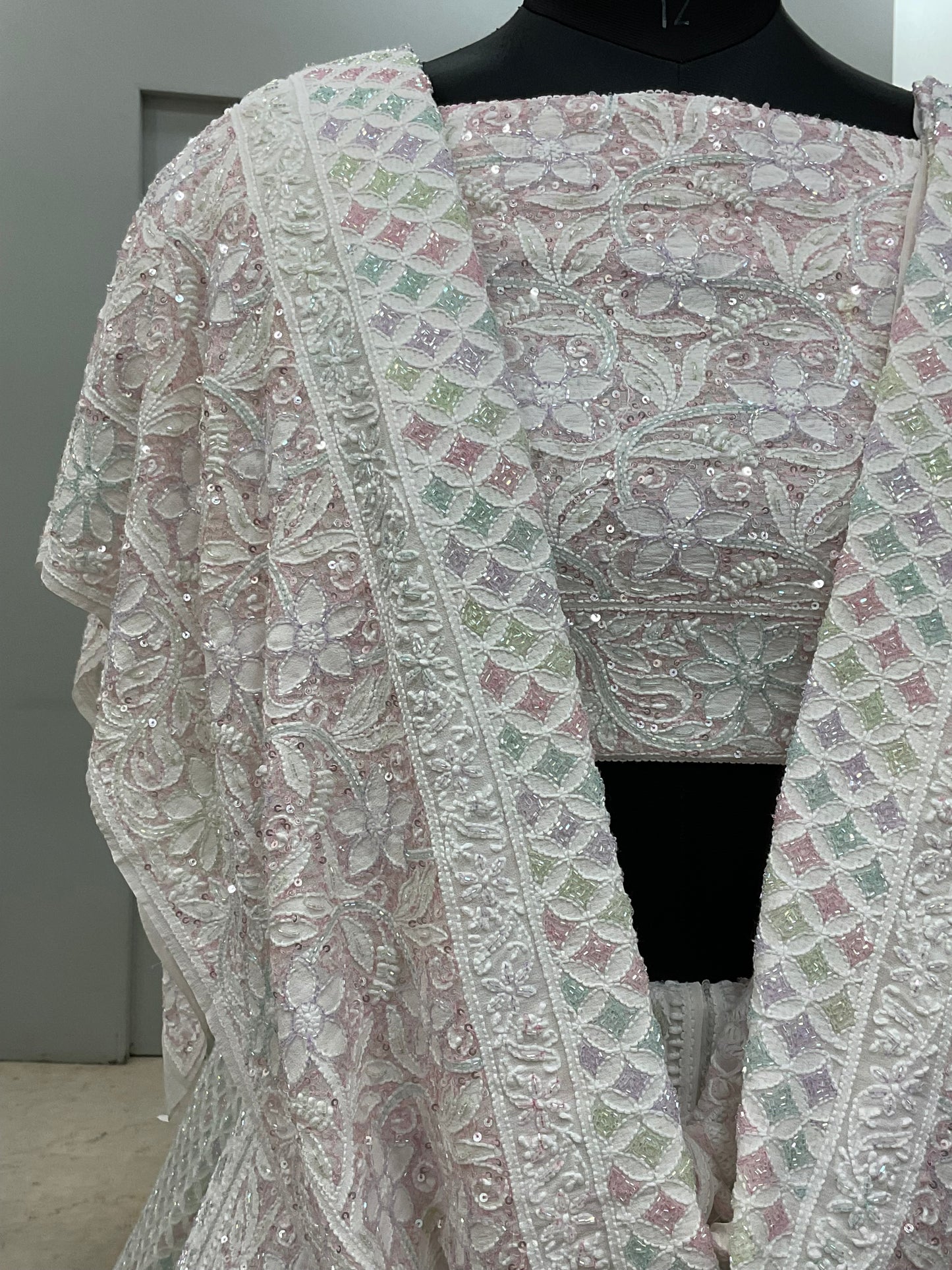 Pure Georgette Lehenga Heavy Multicolored Cutdana Pearl and Sequence White