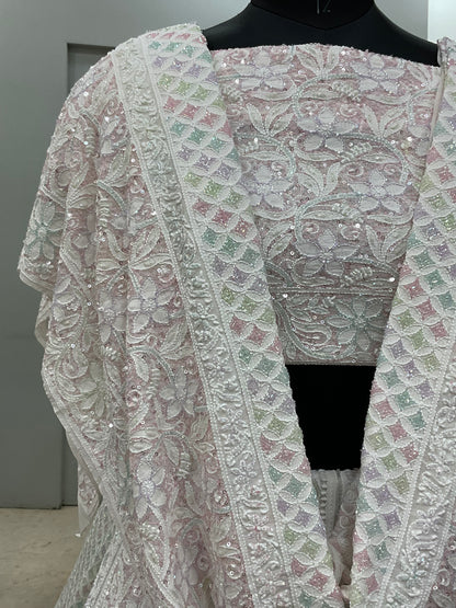 Pure Georgette Lehenga Heavy Multicolored Cutdana Pearl and Sequence White