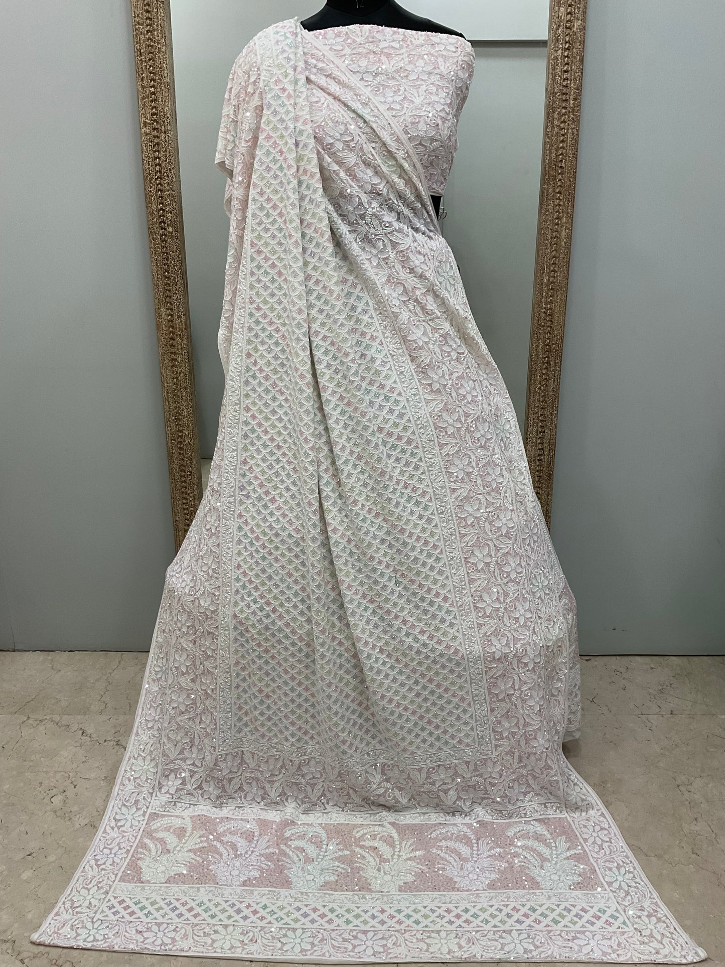 Pure Georgette Lehenga Heavy Multicolored Cutdana Pearl and Sequence White