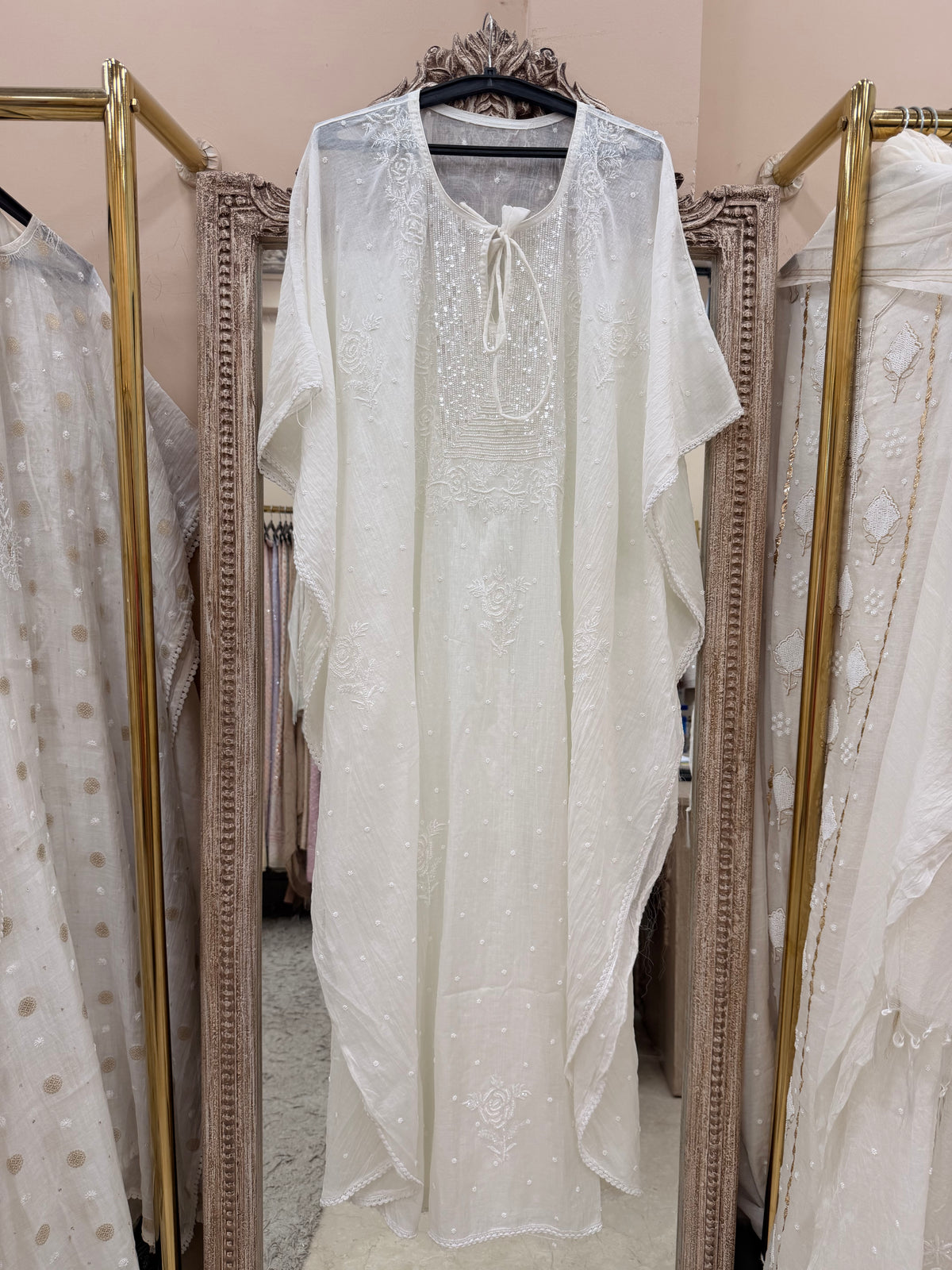 Pure Mulmul Kaftan Pearl And Addon Work White 02