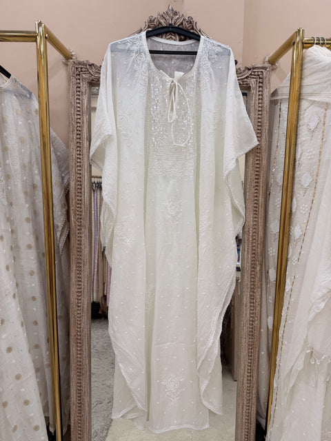 Pure Mulmul Kaftan Pearl And Addon Work White 02