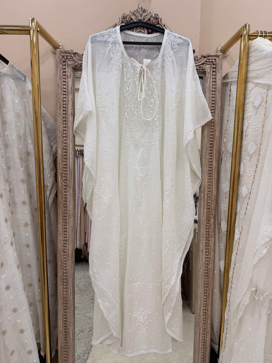 Pure Mulmul Kaftan Pearl And Addon Work White 02