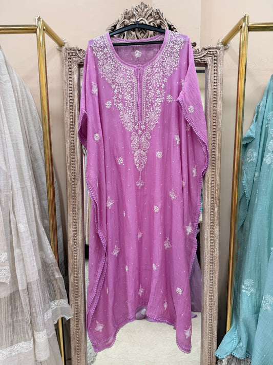 Pure Mulmul Kaftan Pearl And Addon Work Lilac