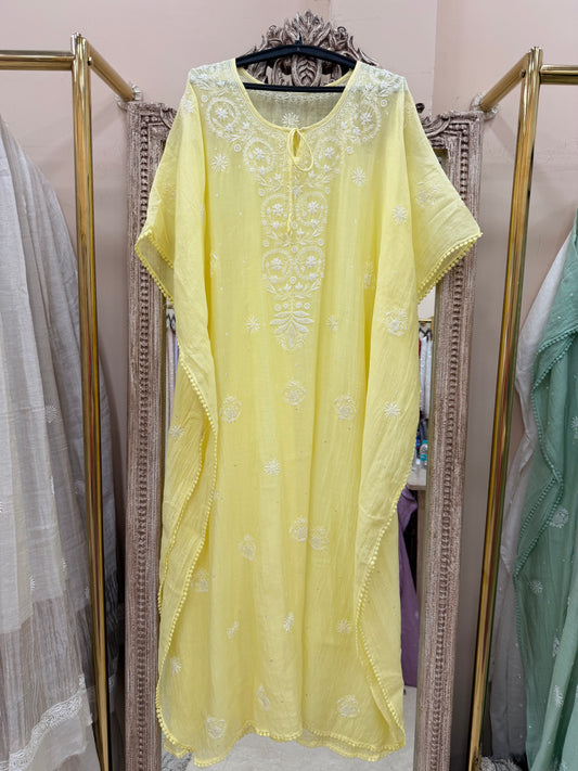 Pure Mulmul Kaftan Pearl And Addon Work Yellow