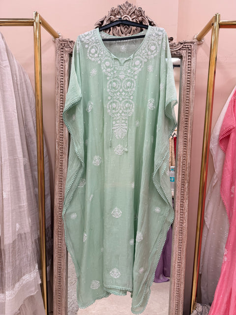 Pure Mulmul Kaftan Pearl And Addon Work Green