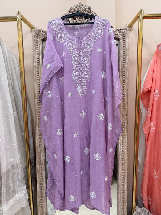 Pure Mulmul Kaftan Pearl And Addon Work Lilac