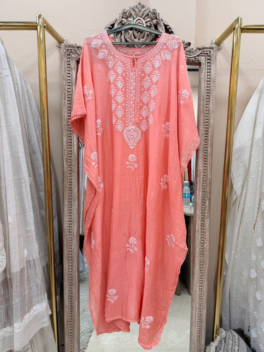 Pure Mulmul Kaftan Pearl And Addon Work Peach