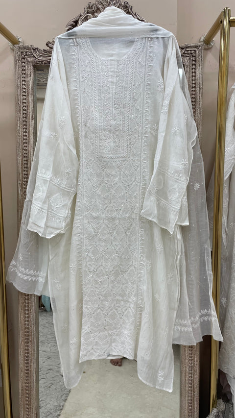 Pure Mulmul Semistiched Kurta Jaali Work And Sequnce With Dupatta White 01