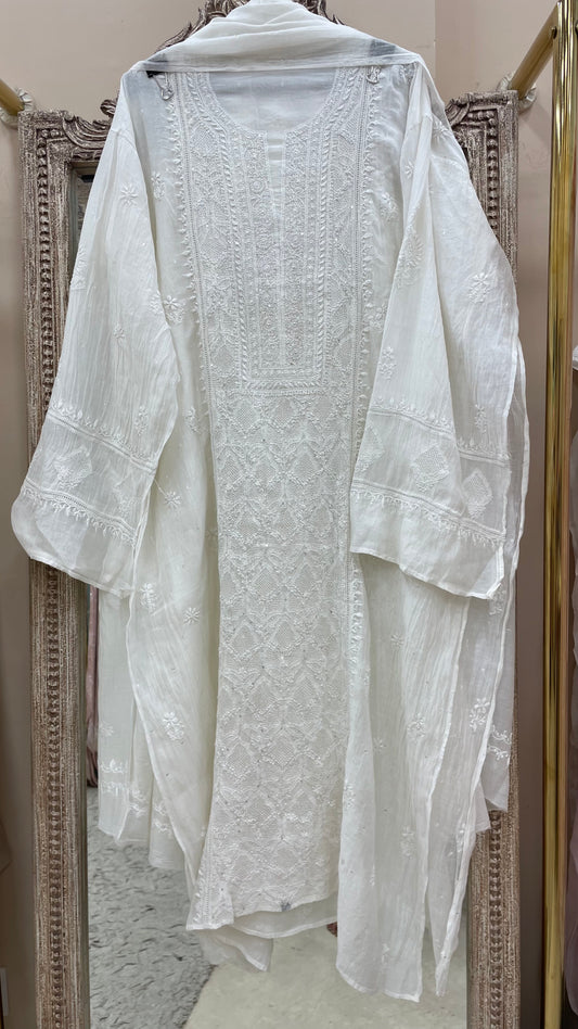 Pure Mulmul Semistiched Kurta Jaali Work And Sequnce With Dupatta White 02