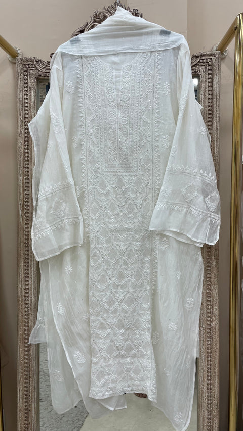 Pure Mulmul Semistiched Kurta Jaali Work And Sequnce With Dupatta White 03