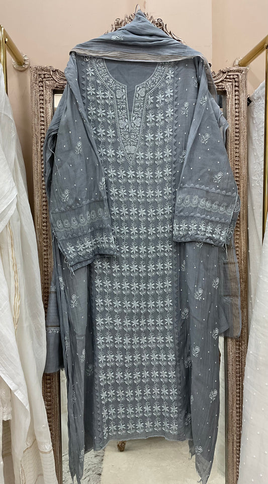 Pure Mulmul Cotton Semistiched Kurta Pearl And Addon Work With Dupatta Gray