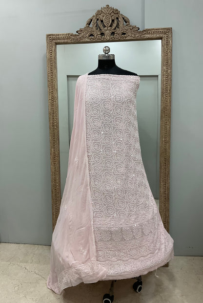 Pure Georgette Heavy Pearl And Sequnce  Work Pink