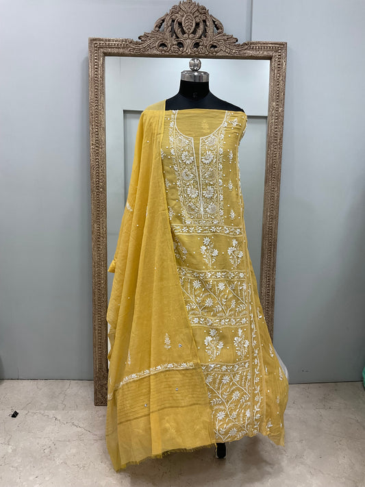 Pure Mulmul Cotton Straight Kurta Pearl And Addon Work With Dupatta Yellow