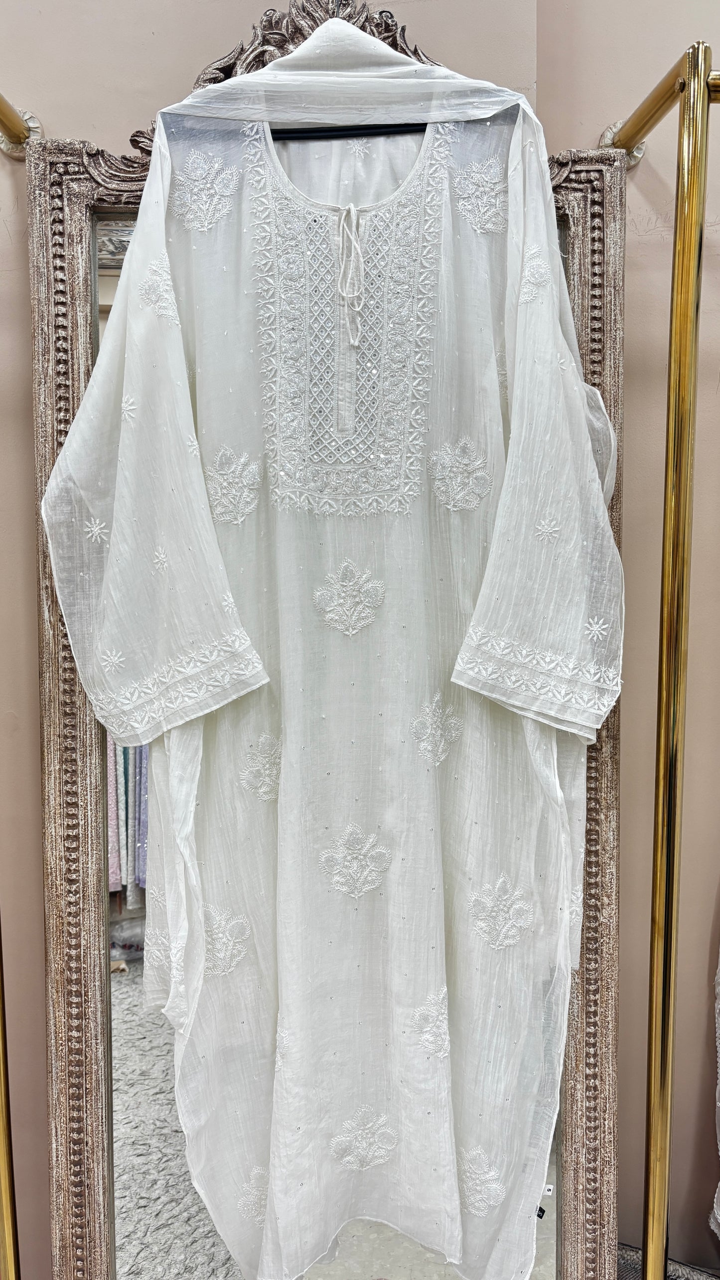 Pure Mulmul Cotton Semistiched Kurta Pearl And Addon Work With Dupatta White